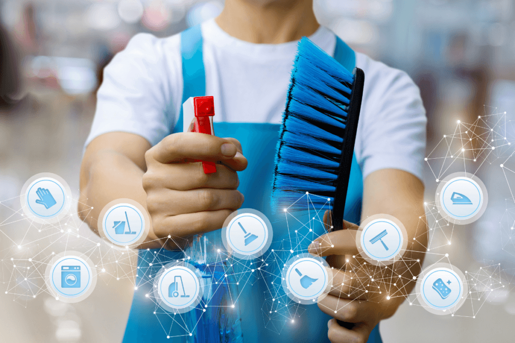 a person holding a brush and a spray