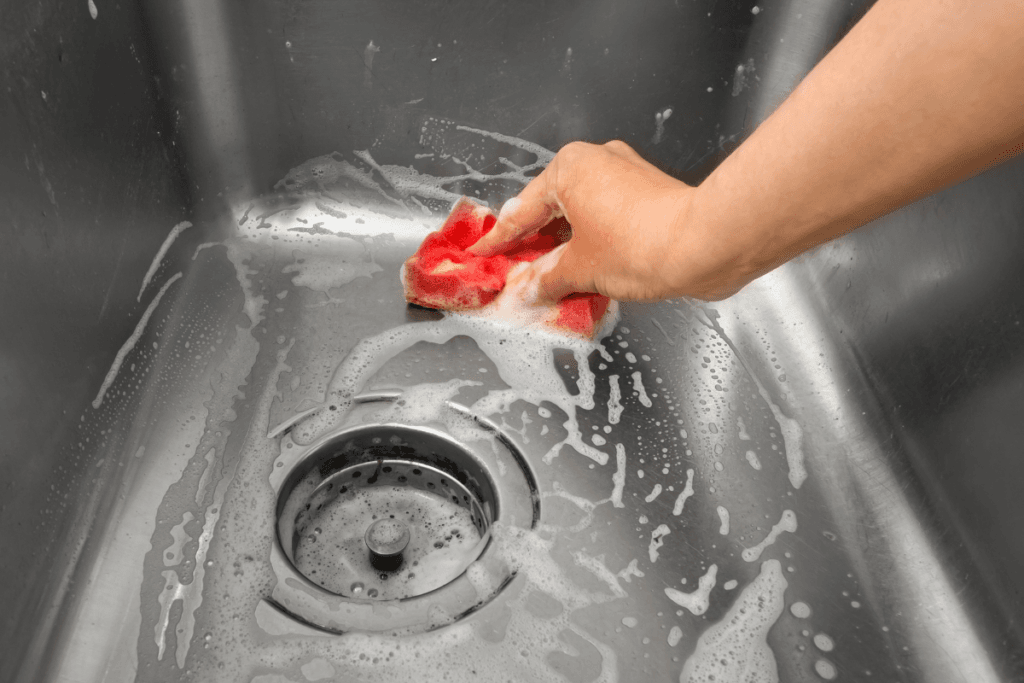 a hand holding a sponge in a sink