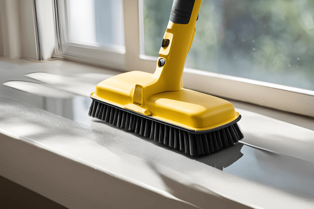 a yellow brush on a window sill
