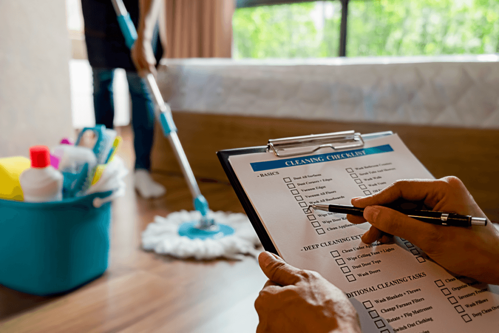 a person holding a clipboard with a pen and a mop in the background