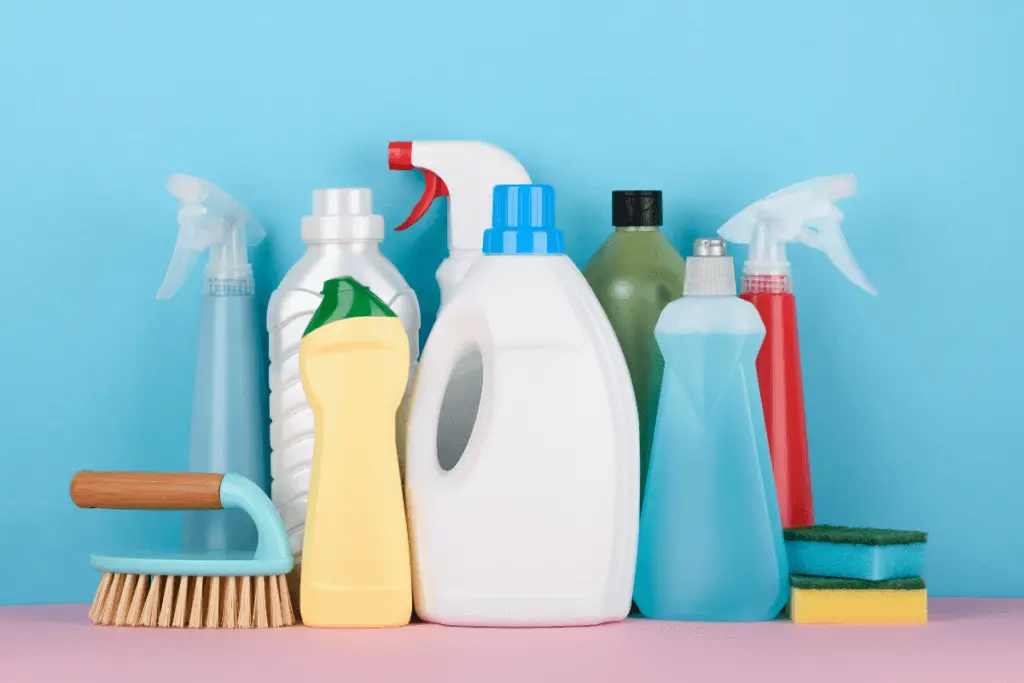 a group of cleaning supplies