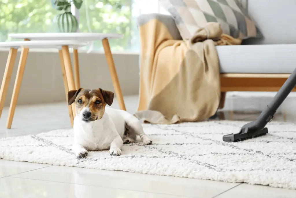 a dog lying on a rug in a living room